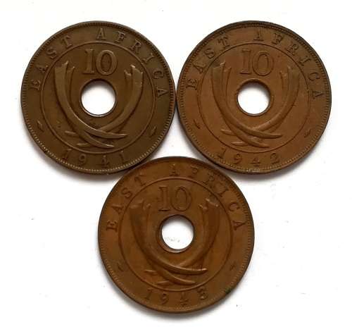 BRITISH EAST AFRICA 1941+1942+1943 10 CENTS (3 COINS)