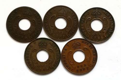 BRITISH EAST AFRICA 1922+1923+1924+1927+1930  1 CENT (5 COINS)