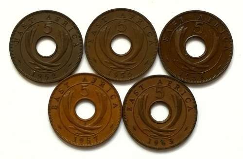 BRITISH EAST AFRICA 1952+1955+1956+1957+1963  5 CENTS (5 COINS)