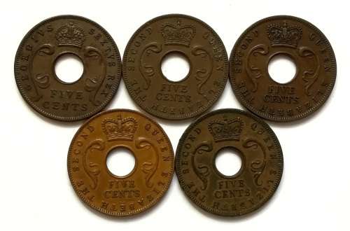 BRITISH EAST AFRICA 1952+1955+1956+1957+1963  5 CENTS (5 COINS)
