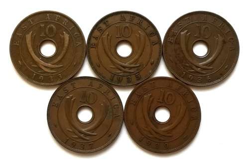 BRITISH EAST AFRICA 1933+1935+1936+1937+1939 10 CENT (5 COINS)