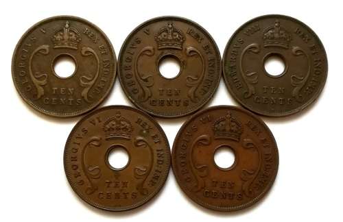 BRITISH EAST AFRICA 1933+1935+1936+1937+1939 10 CENT (5 COINS)