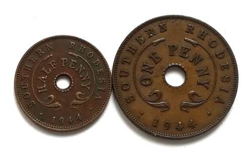 SOUTHERN RHODESIA 1944 1/2 + 1 PENNY (2 COINS)