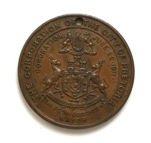 CORONATION OF THE CITY OF PRETORIA 1911 MEDALLION **MAYOR SIR J C VAN BOESCHOTEN ** 32MM
