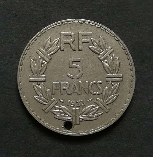 FRANCE 1933 5 FRANCS NICKEL **HOLE**