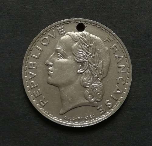 FRANCE 1933 5 FRANCS NICKEL **HOLE**
