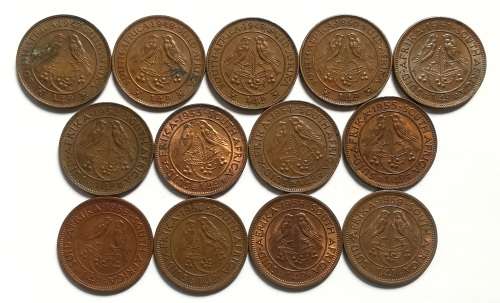 UNION 1947 TO 1959 1/4 PENNY ALL DATES (13 COINS)