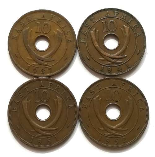 BRITISH EAST AFRICA 10 CENT 1937 + 1941 + 1951 + 1952 (4 COINS)