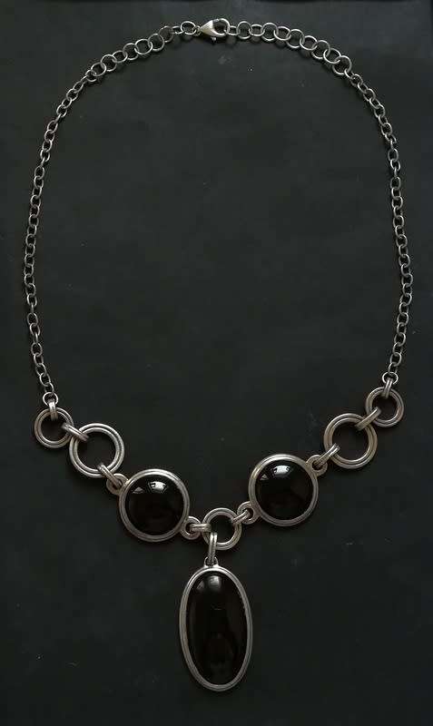 STERLING SILVER  AND BLACK GLASS NECKLACE 500MM 45 GRAMS