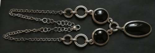 STERLING SILVER  AND BLACK GLASS NECKLACE 500MM 45 GRAMS