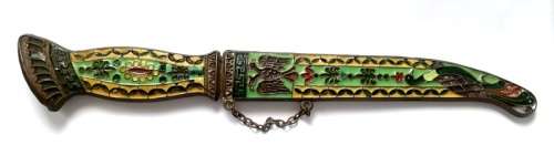 VINTAGE BRASS/ENAMEL DAGGER LETTER OPENER/PAPERKNIFE WITH CASE 260MM