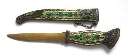 VINTAGE BRASS/ENAMEL DAGGER LETTER OPENER/PAPERKNIFE WITH CASE 260MM