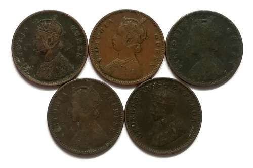 BRITISH INDIA 1862+1875+1878+1884+1913 ONE QUARTER ANNA (5 COINS)