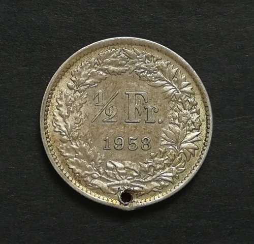 SWITZERLAND 1958 SILVER HALF FRANC **HOLE**