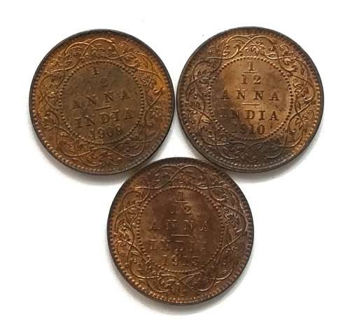 BRITISH INDIA 1909+1910+1913 1/12 ANNA