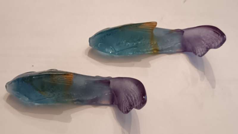 DAUM PATE DE VERRE FRANCE SIGNED PAIR CARP FISH IN SINGAPORE AIRLINES PRIORITY PASSENGER SERVICE BOX