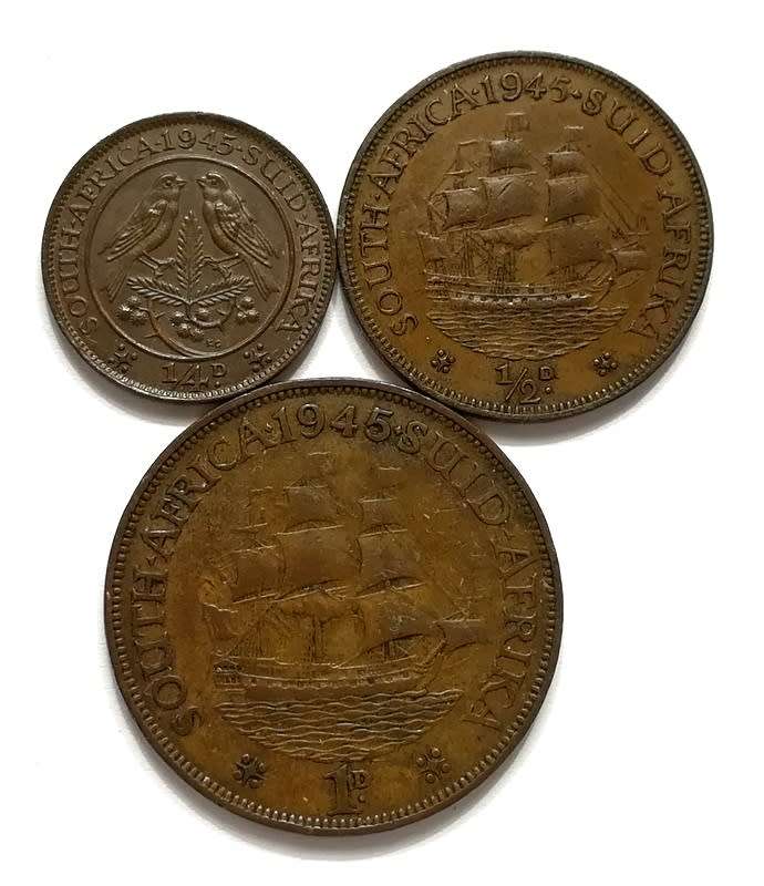 UNION 1945 1/4 + 1/2 + 1 PENNY (3 COINS)