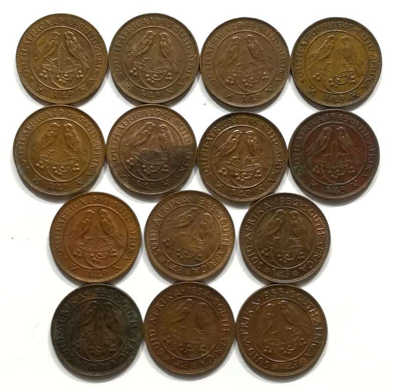 UNION 1942 TO 1955 1/4  PENNY  ALL DATES (14 COINS)