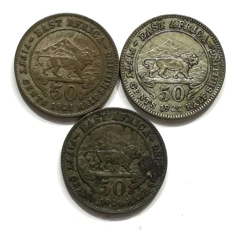 EAST AFRICA 1921+1922+1924 HALF SHILLING (3 COINS)