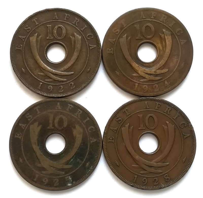 EAST AFRICA 1922+1924+1925+1928 10 CENT (4 COINS)