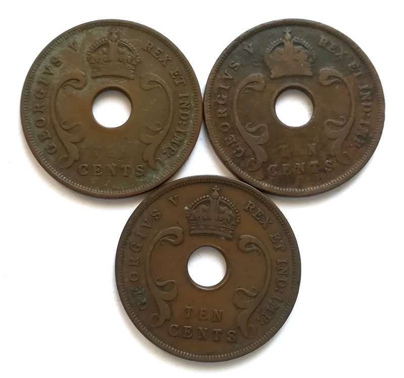 EAST AFRICA 1922+1924+1928 10 CENTS (3 COINS)