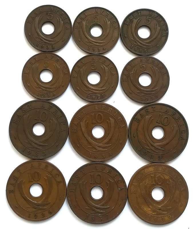 EAST AFRICA 1933+1934+1935+1936+1937+1939 5+10 CENTS (12 COINS)