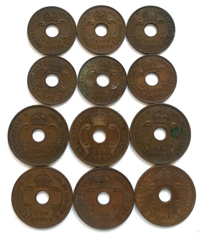 EAST AFRICA 1933+1934+1935+1936+1937+1939 5+10 CENTS (12 COINS)