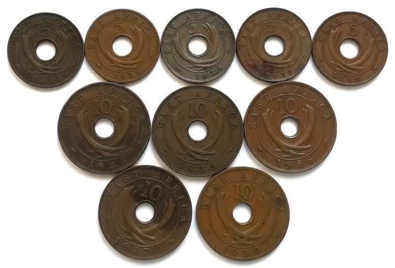 EAST AFRICA 1933+1935+1936+1937+1939 5+10 CENTS (10 COINS)