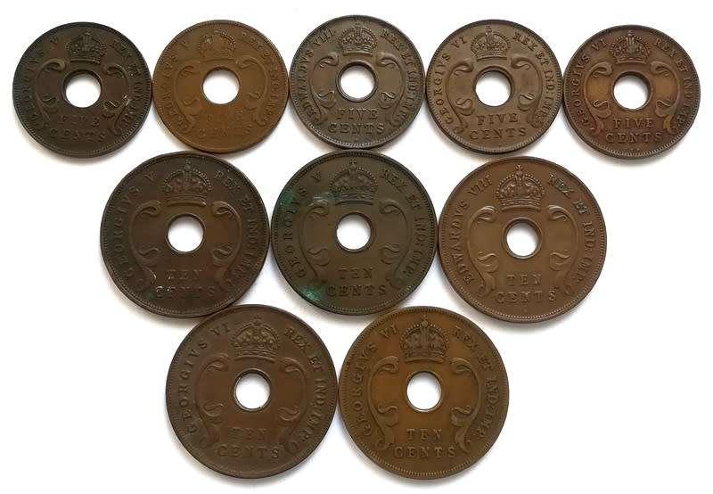 EAST AFRICA 1933+1935+1936+1937+1939 5+10 CENTS (10 COINS)