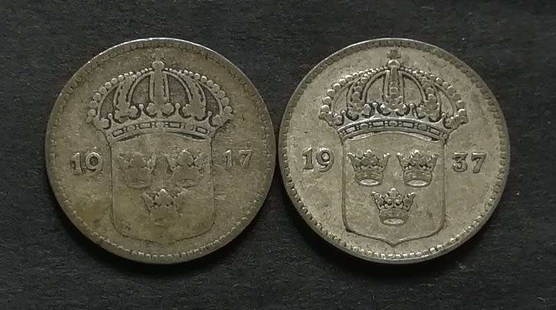 SWEDEN SILVER 1917 + 1936 10 ORE (2 COINS)