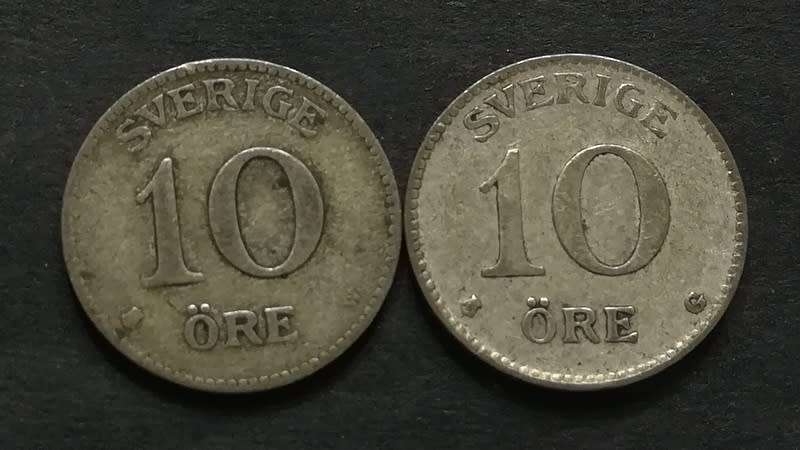 SWEDEN SILVER 1917 + 1936 10 ORE (2 COINS)