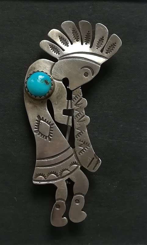 HOPI SILVER (TESTED) TRIBAL BROOCH/PIN WITH TURQUOISE