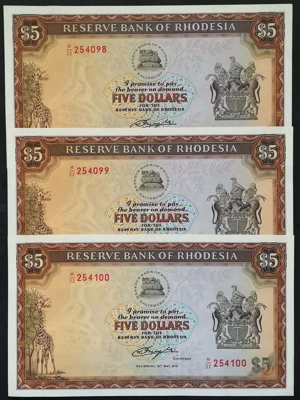 RHODESIA 1979 5 DOLLARS BIRD WATERMARK 3 NOTES SEQUENCE **BID PER NOTE**
