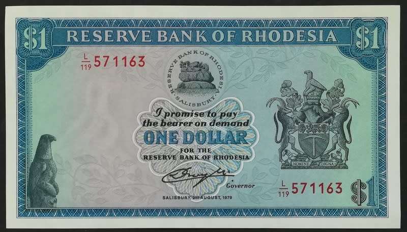 RHODESIA 1979 1 DOLLAR NOTE BIRD WATERMARK EF+
