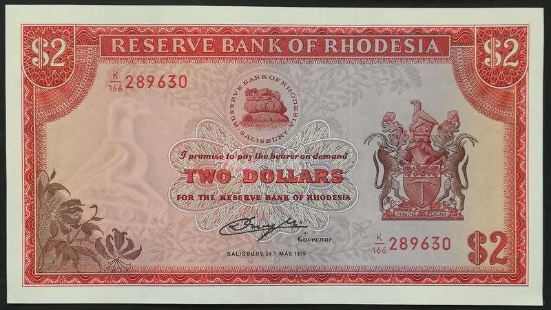 RHODESIA 1979 2 DOLLAR NOTE BIRD WATERMARK EF+