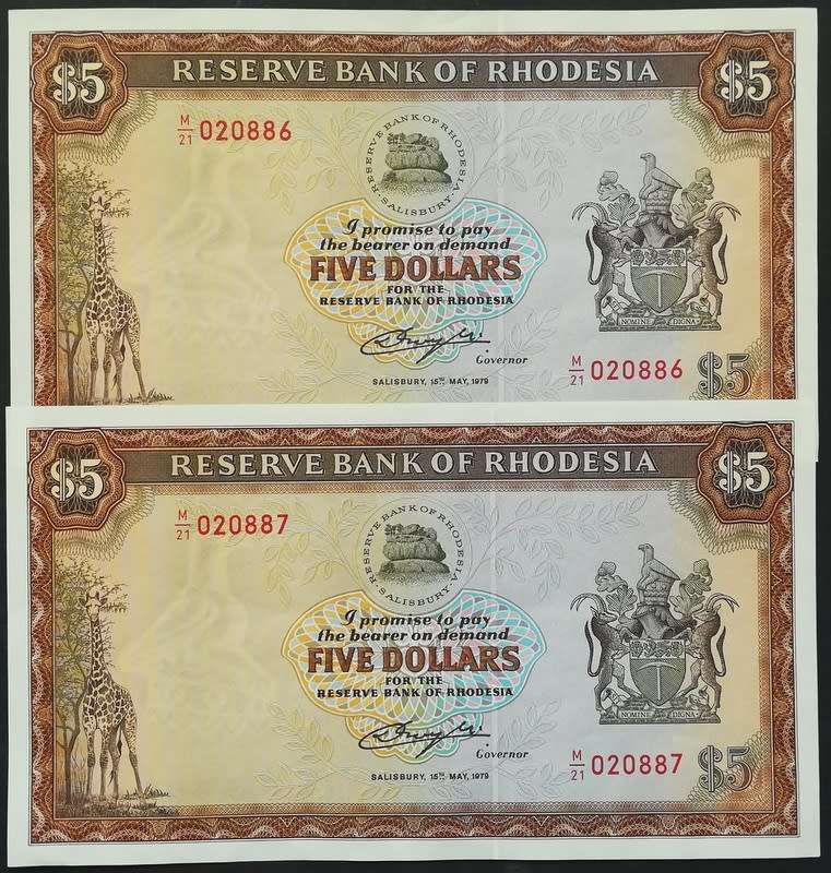 RHODESIA 1979 5 DOLLAR NOTE BIRD WATERMARK EF+ (2 NOTES SEQUENCE)