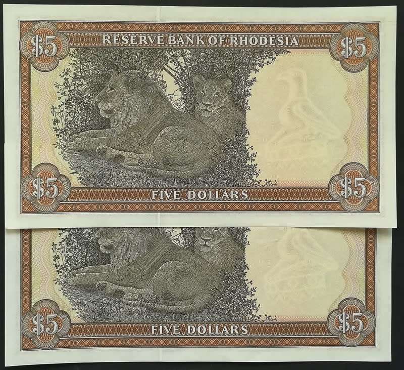 RHODESIA 1979 5 DOLLAR NOTE BIRD WATERMARK EF+ (2 NOTES SEQUENCE)
