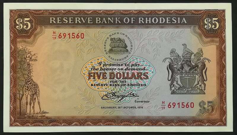 RHODESIA 1978 5 DOLLAR NOTE RHODES WATERMARK EF