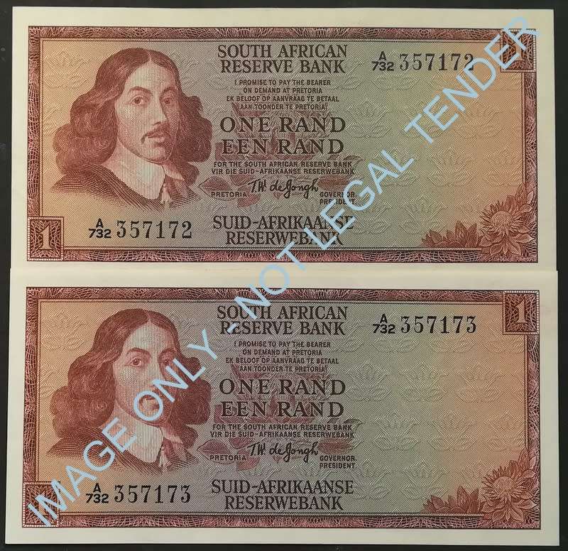 T W DE JONGH 1972 1ST ISSUE 1 RAND EF (2 NOTES SEQUENCE)