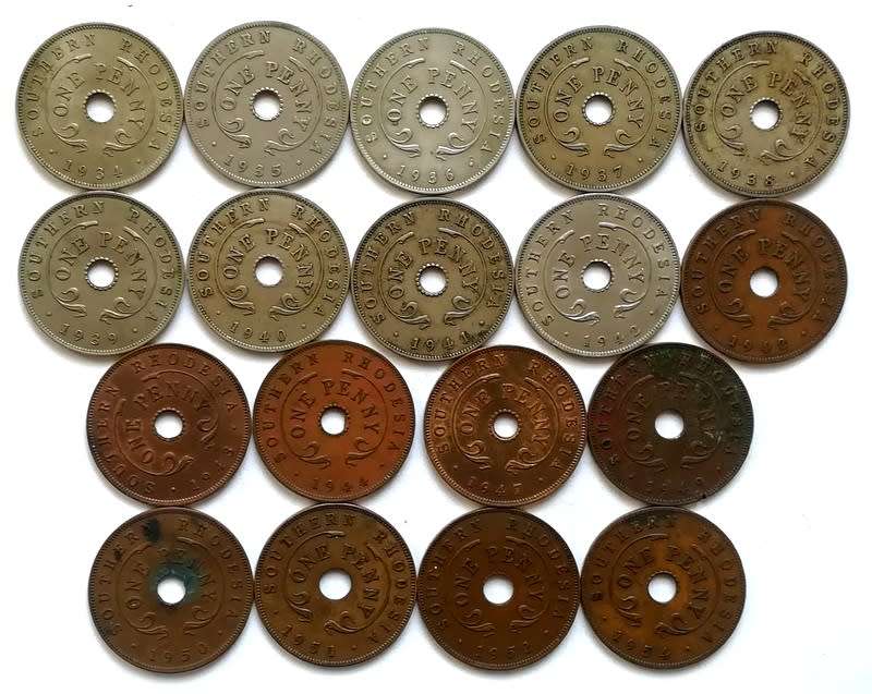 SOUTHERN RHODESIA 1934-1954 PENNY SET (18 COINS)