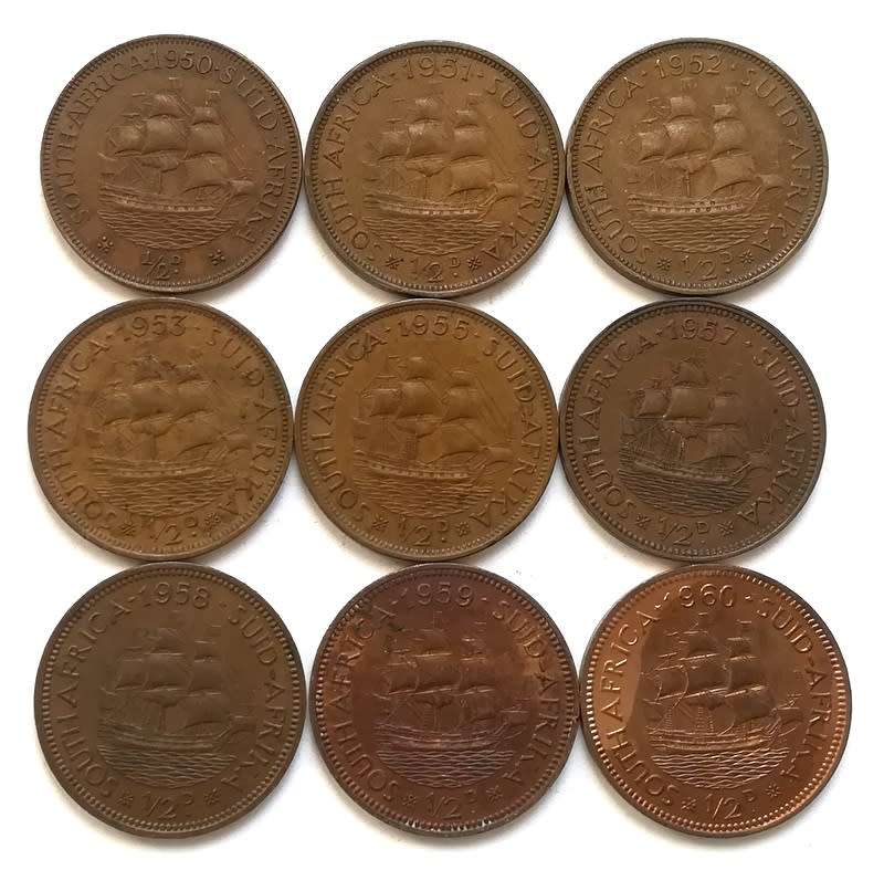 UNION 1950 TO 1960 HALF PENNY *ALL DATES* NO 54 + 56 (9 COINS*
