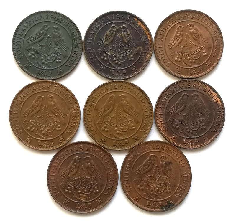 UNION 1942 TO 1949 1/4 PENNY *ALL DATES*  (8 COINS)