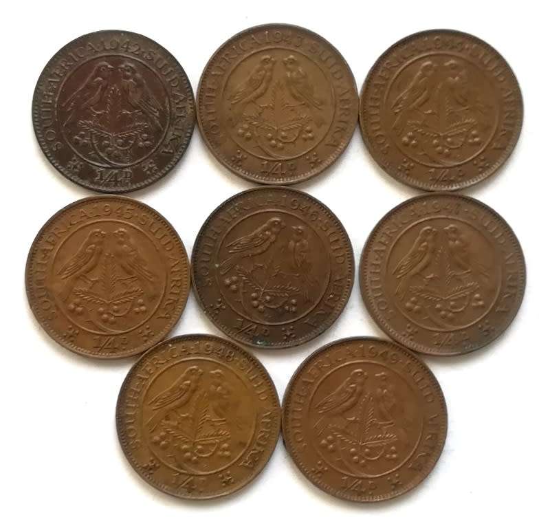 UNION 1942 TO 1949 1/4 PENNY *ALL DATES*  (8 COINS)