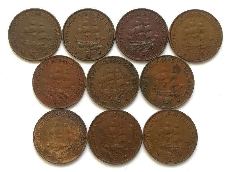 UNION 1940 TO 1949 1/2  PENNY *ALL DATES*   (10 COINS)