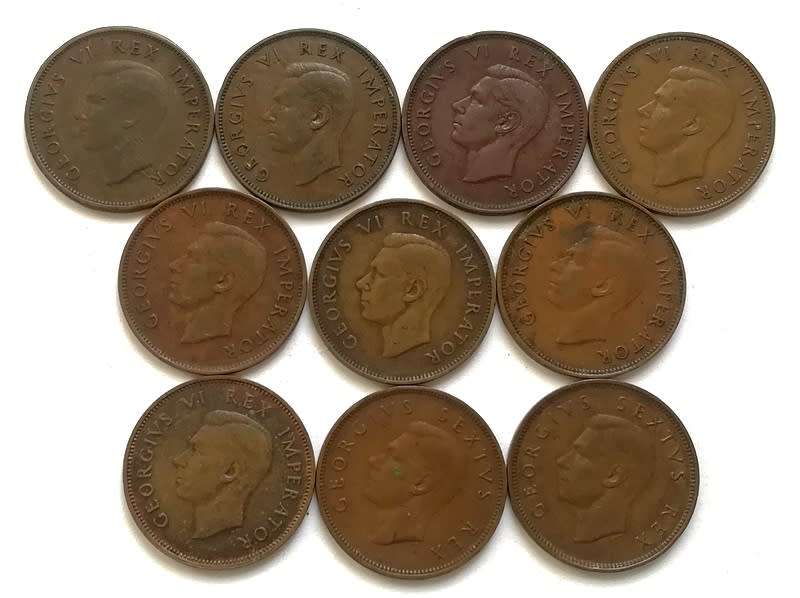UNION 1940 TO 1949 1/2  PENNY *ALL DATES*   (10 COINS)