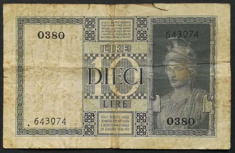 ITALY 1935 10 LIRA NOTE *FILLER*