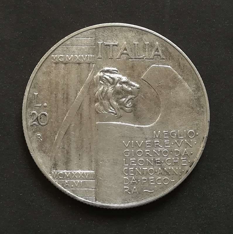 ITALY 1928R YR V1 SILVER 20 LIRA