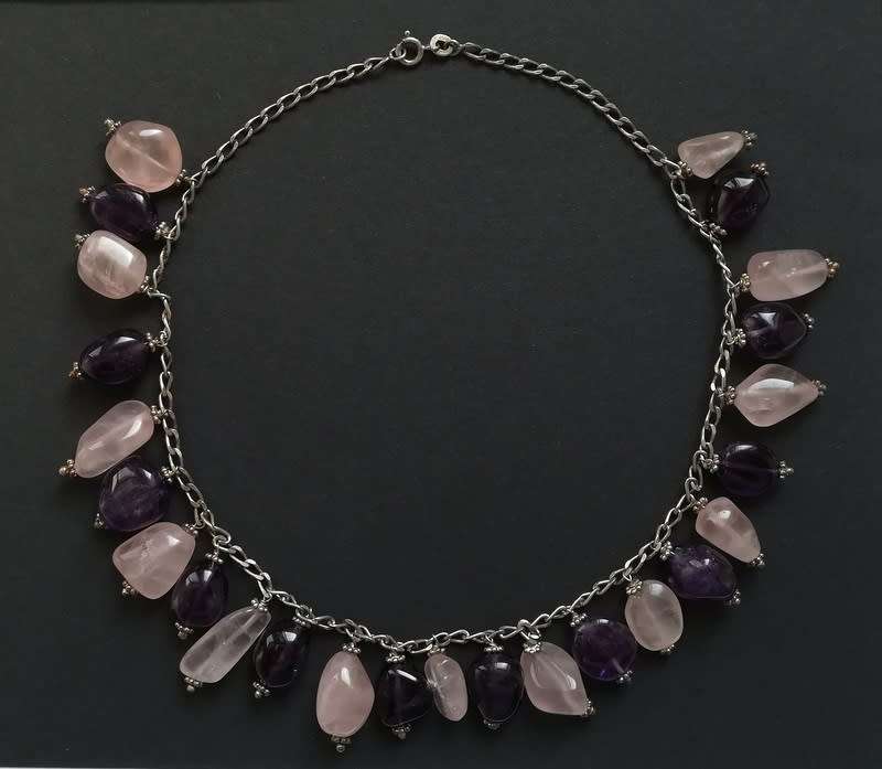 STERLING SILVER AMETHYST AND ROSE QUARTZ NECKLACE 380MM BEADS +-20X10MM