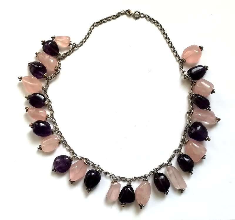 STERLING SILVER AMETHYST AND ROSE QUARTZ NECKLACE 380MM BEADS +-20X10MM