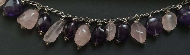 STERLING SILVER AMETHYST AND ROSE QUARTZ NECKLACE 380MM BEADS +-20X10MM